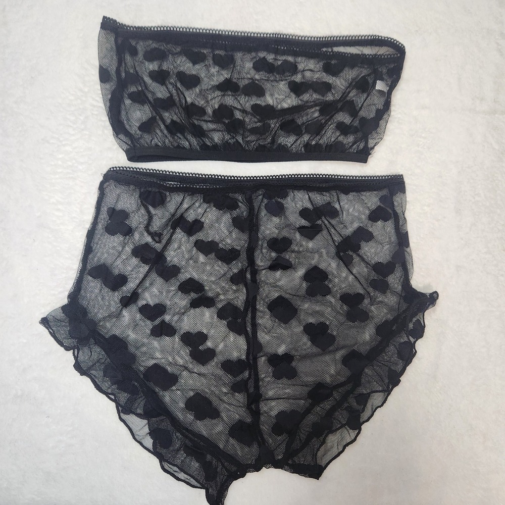 Black Sheer Mesh Flocked Heart Lingerie Set Bandeau Ruffle Panty Booty Short